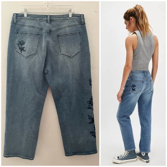 Free People x Driftwood Floral Embroidered Royce Jeans Relaxed Size 34x27 NWT - Picture 2 of 13